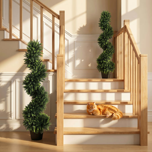 HOMCOM Set of 2 Artificial Spiral Cypress Trees, Fake Plants with 700 Leaves, UV Protection, Deep Green