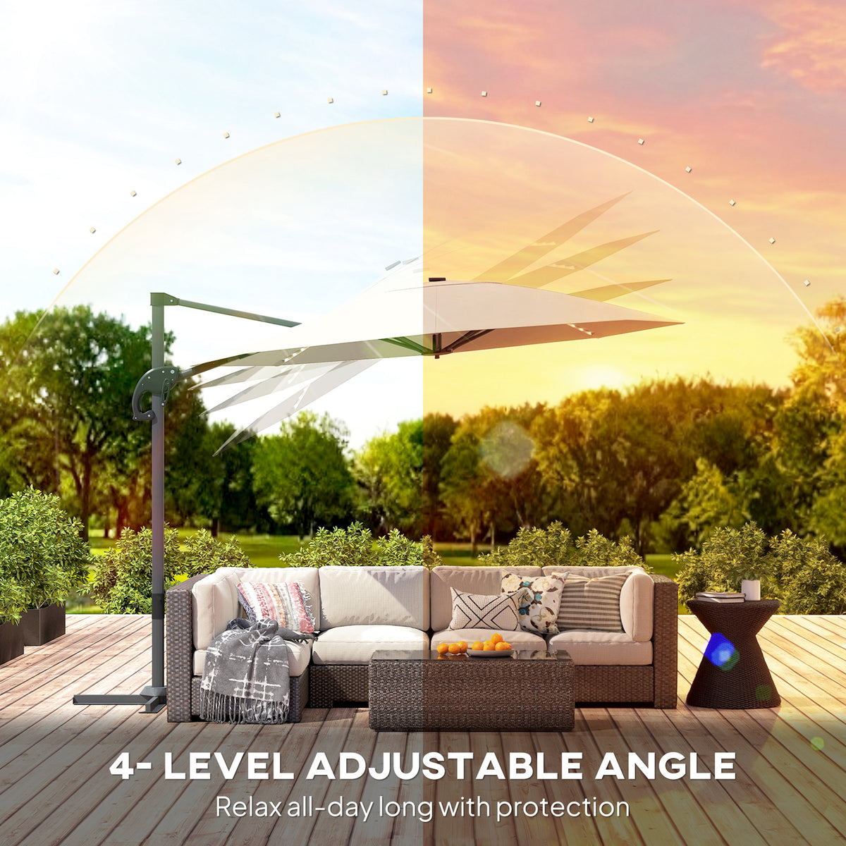 Outsunny 3(m) Cantilever Garden Parasol with Solar Powered Lights, Crank Handle & Cross Base, UPF 50+, 360° Rotation, Cream