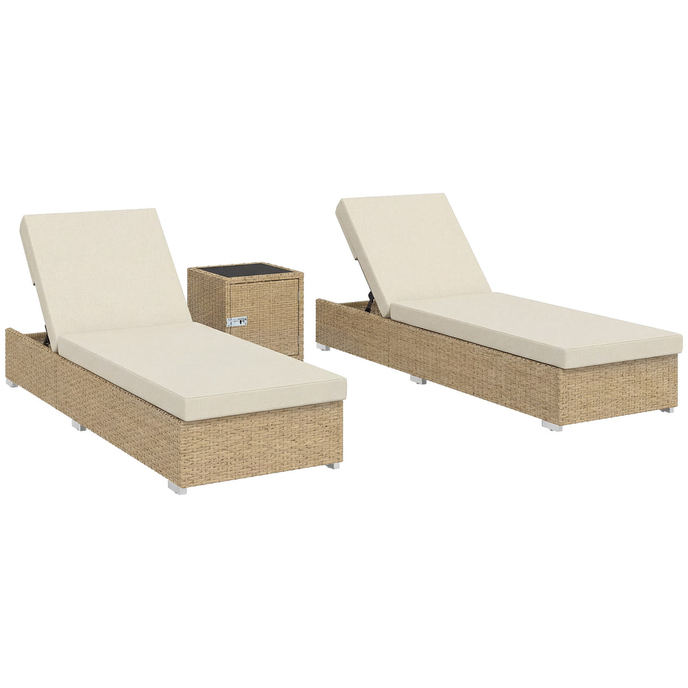 Outsunny Rattan Sun Loungers Set of 2 with Side Table, Garden Recliner Sunbeds with Adjustable Back, Cushions, Beige