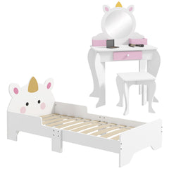 ZONEKIZ Kids Bedroom Furniture Set with Kids Dressing Table with Mirror and Stool, Toddler Bed Frame for 3-6 Years, Unicorn Design