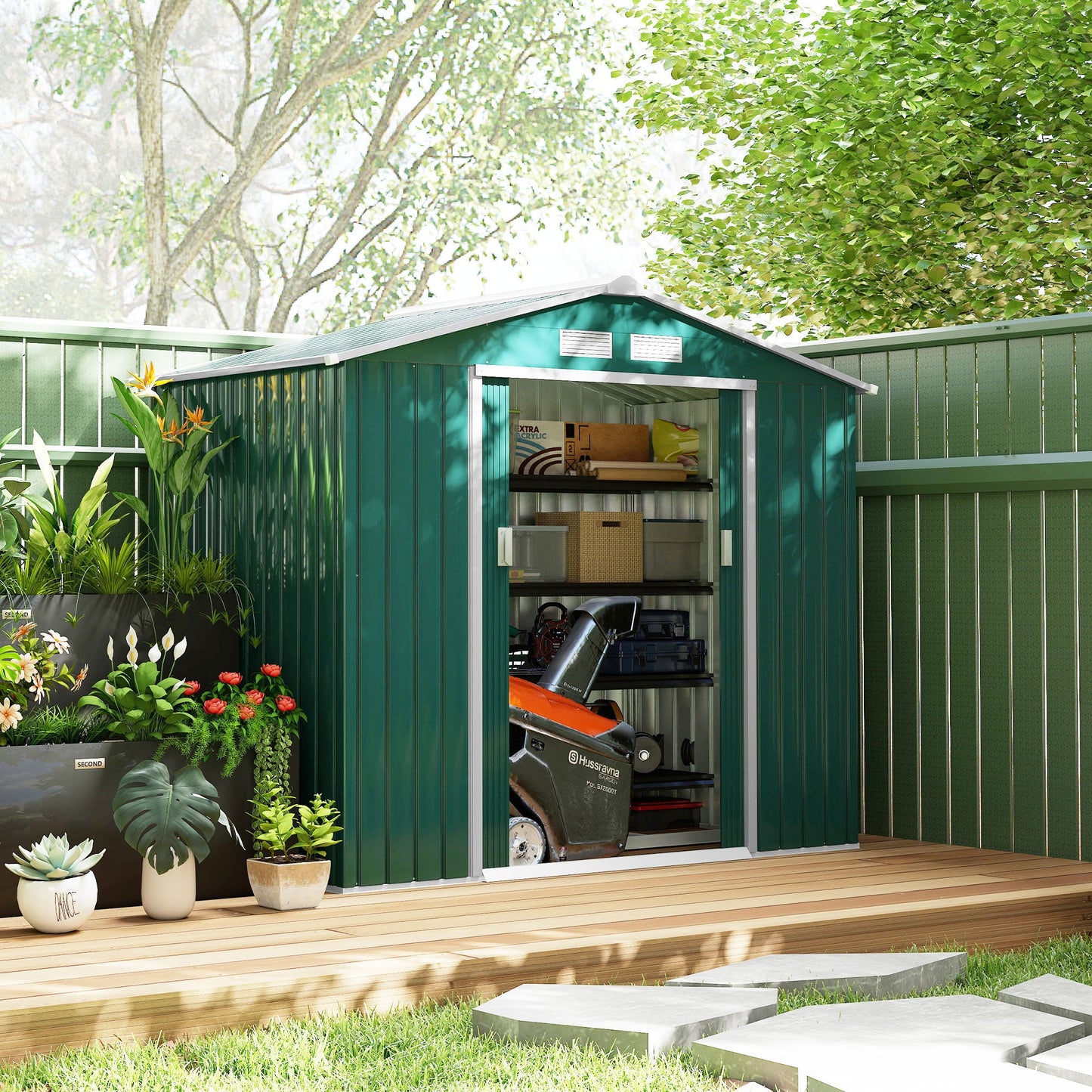 Outsunny 7 x 4ft Metal Garden Shed, Outdoor Storage Tool House with Ventilation Slots, Foundation Kit and Lockable Double Doors, Green