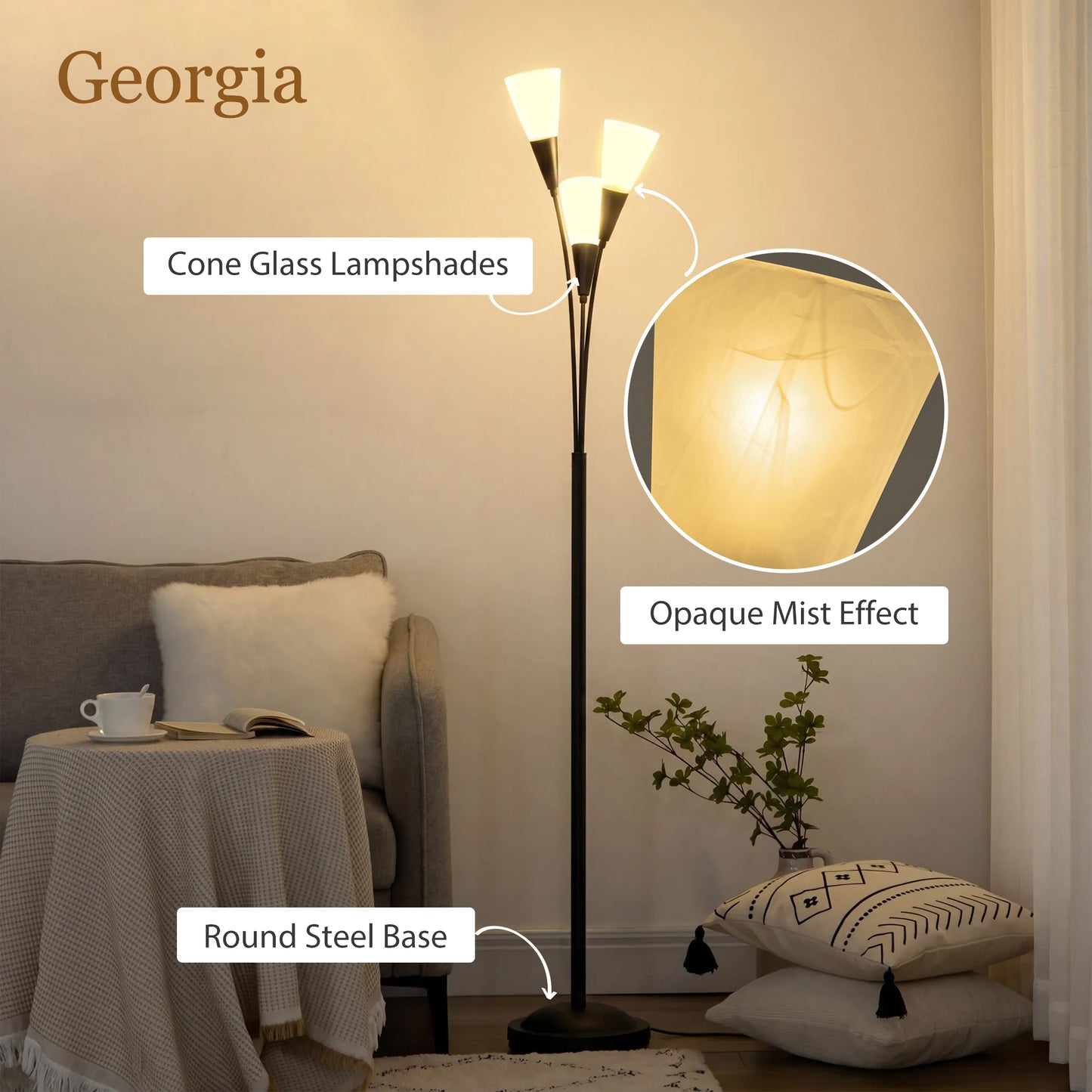 HOMCOM Modern Standing Lamp, 3-Light Upright Floor Lamps for Living Room, Black
