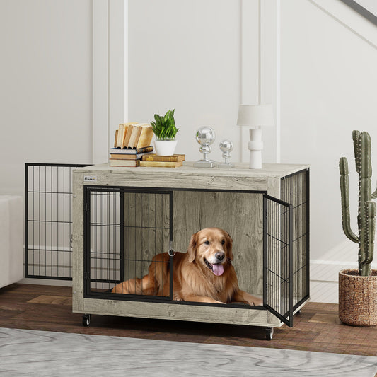 PawHut Dog Crate Furniture with Wheels, Double Doors, for Large Dogs, Grey
