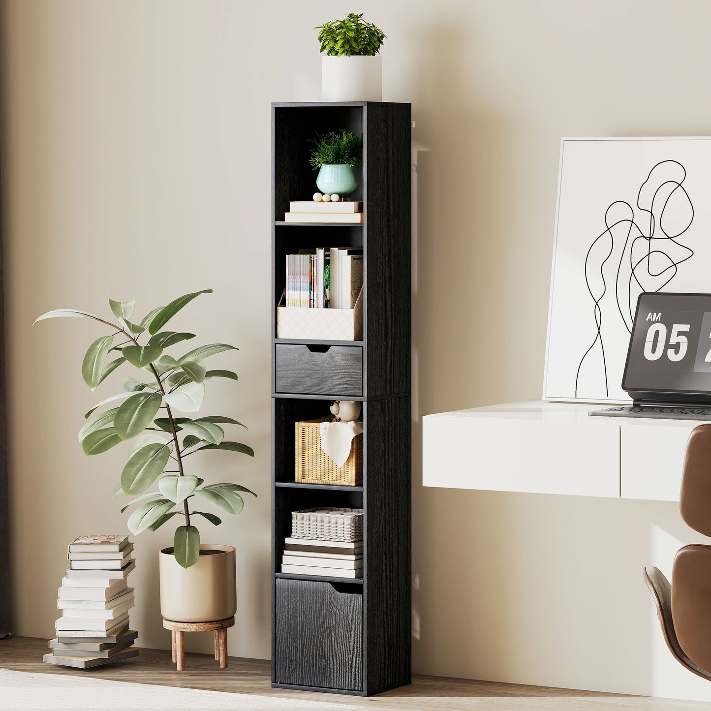 HOMCOM 6-Tier Bookcase, Tall Narrow Bookshelf with Drawer and Door - Black