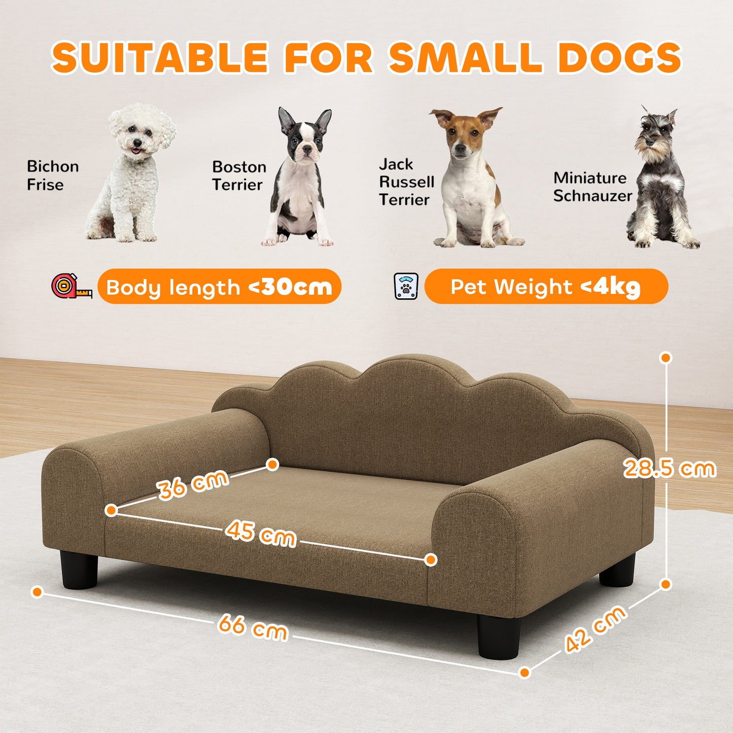 PawHut Elevated Dog Sofa Bed, Breathable Pet Sofa with Backrest and Armrest for Small Dogs, Brown