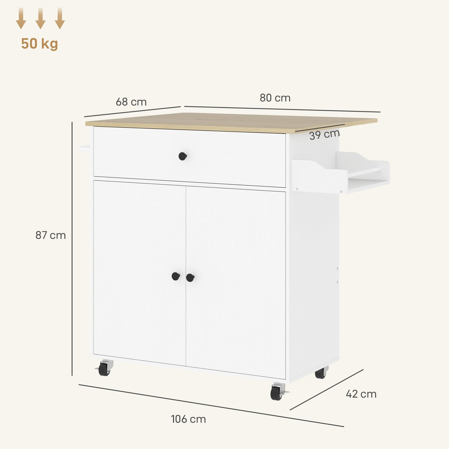 HOMCOM Rolling Kitchen Island with Drop Leaf, Kitchen Storage Cart with Drawer, Spice Rack and Towel Rack, White