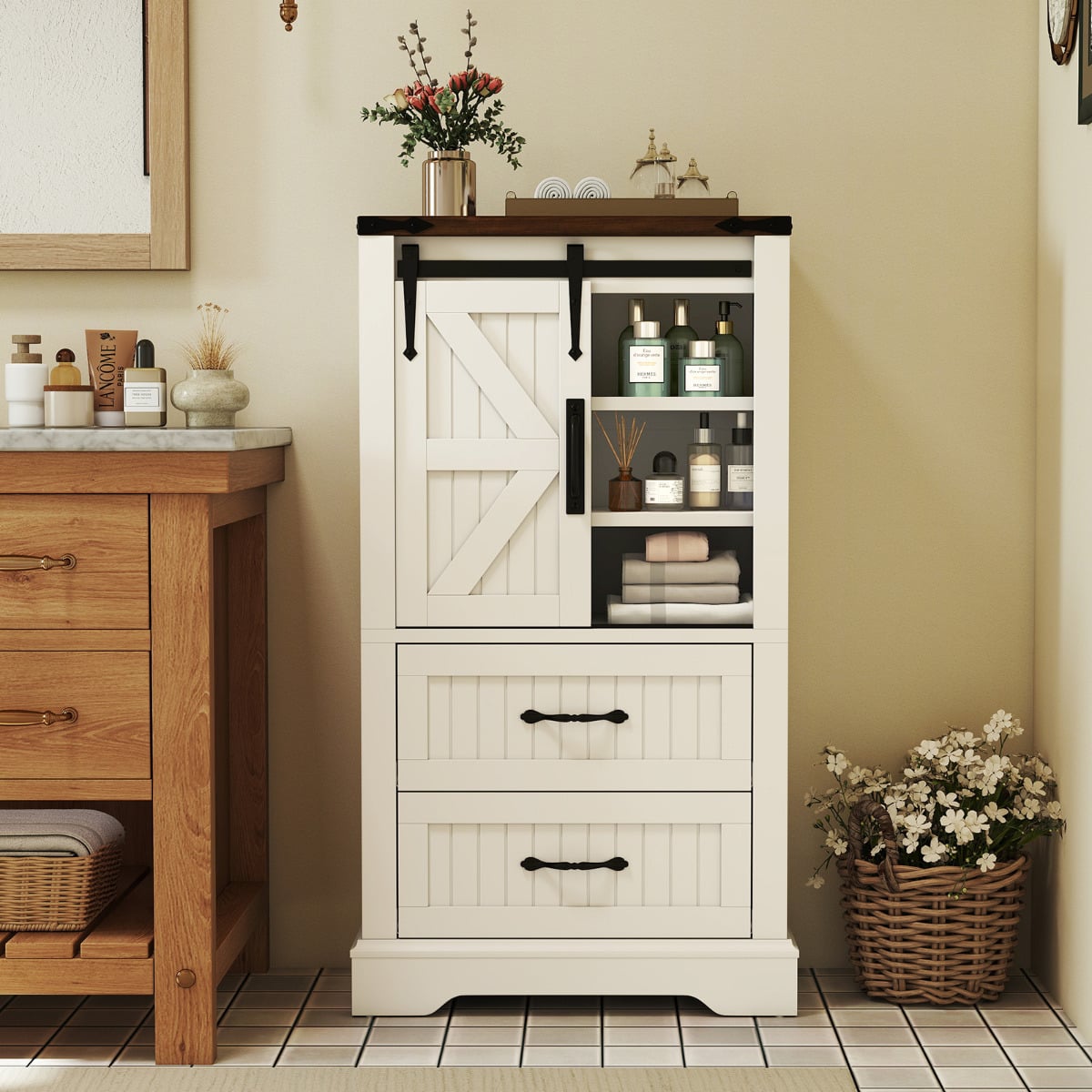 Farmhouse Bathroom Floor Cabinet with Sliding Barn Door-White