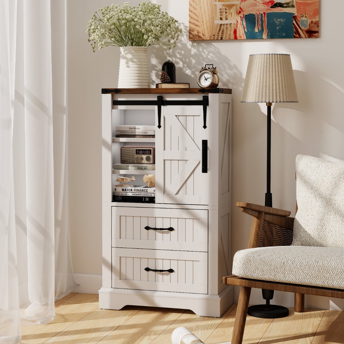 Farmhouse Bathroom Floor Cabinet with Sliding Barn Door-White