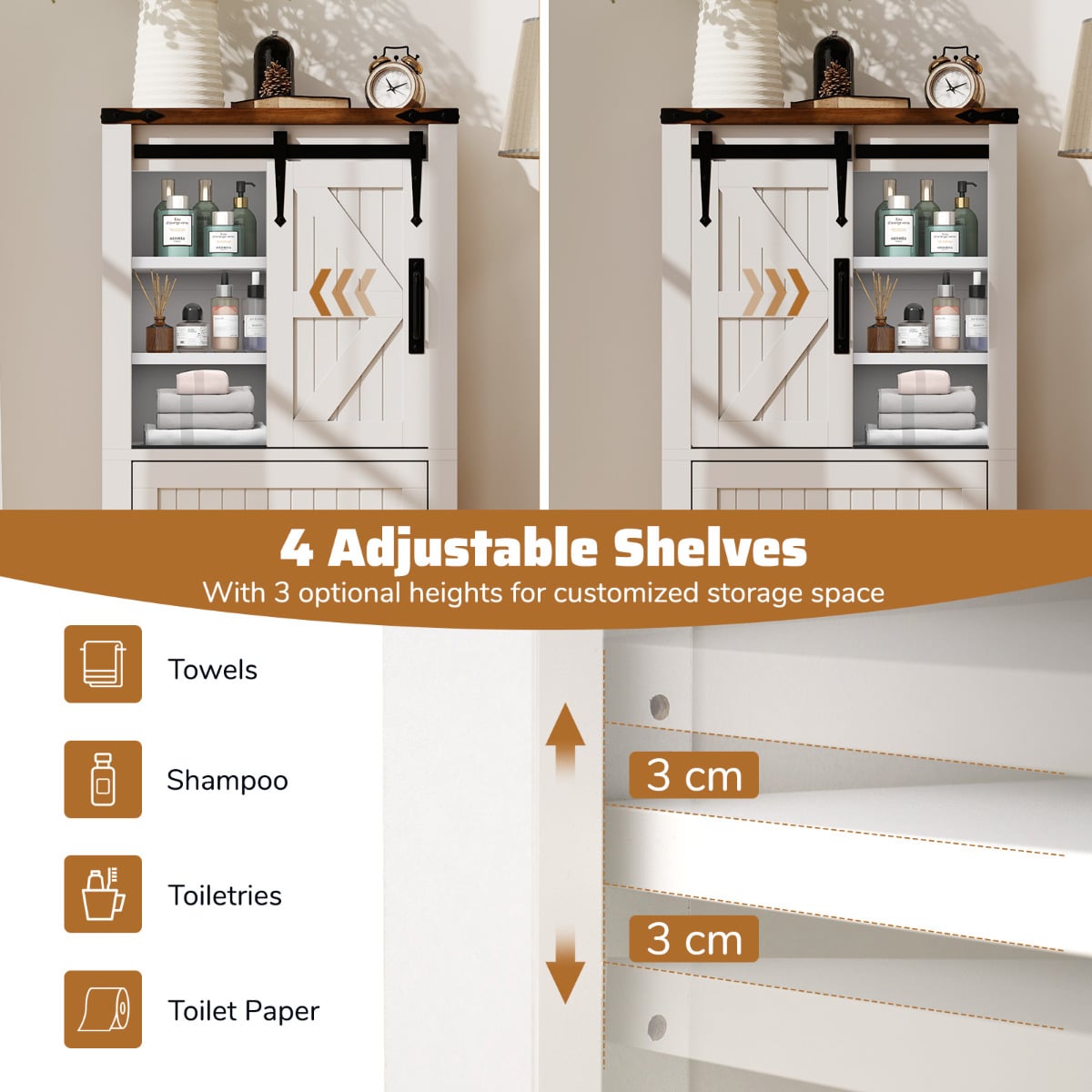 Farmhouse Bathroom Floor Cabinet with Sliding Barn Door-White