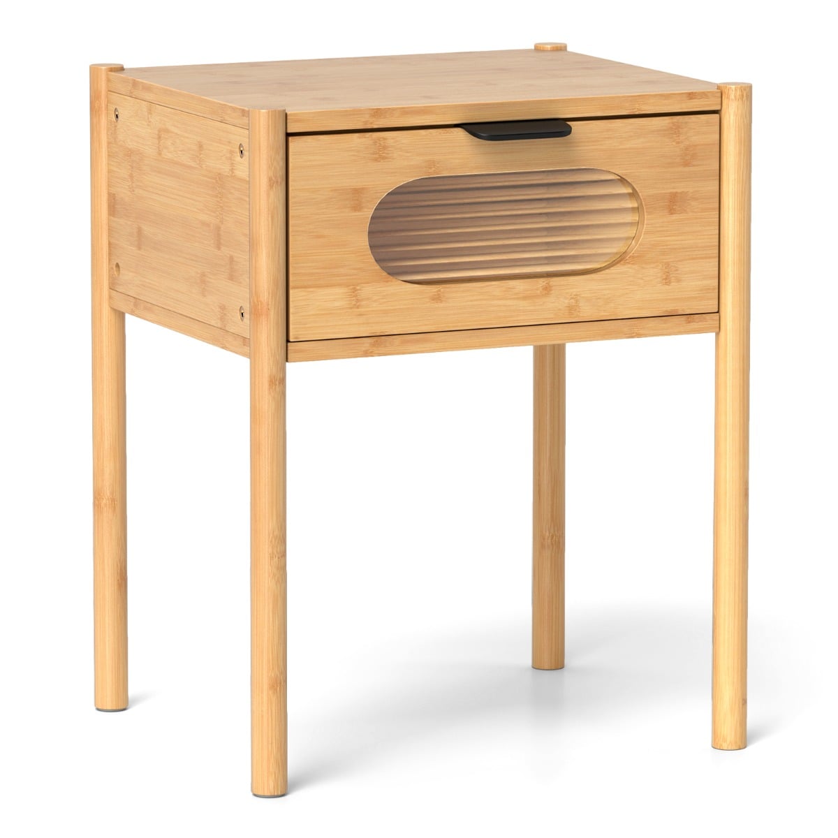 Farmhouse Bedside Table with Tempered Glass Decorated Drawer-Natural