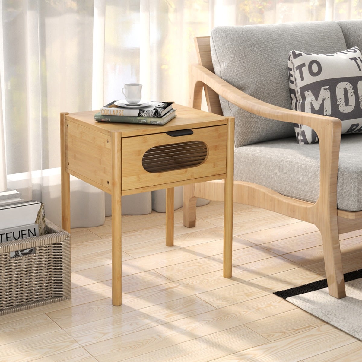 Farmhouse Bedside Table with Tempered Glass Decorated Drawer-Natural