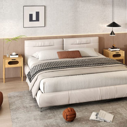 Farmhouse Bedside Table with Tempered Glass Decorated Drawer-Natural