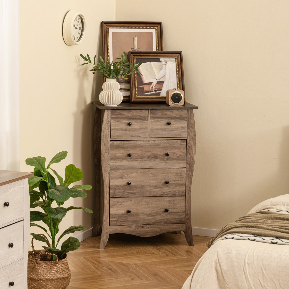 Farmhouse Chest of Drawers with 5 Folding Fabric Drawers and Anti-tipping Kit-Brown