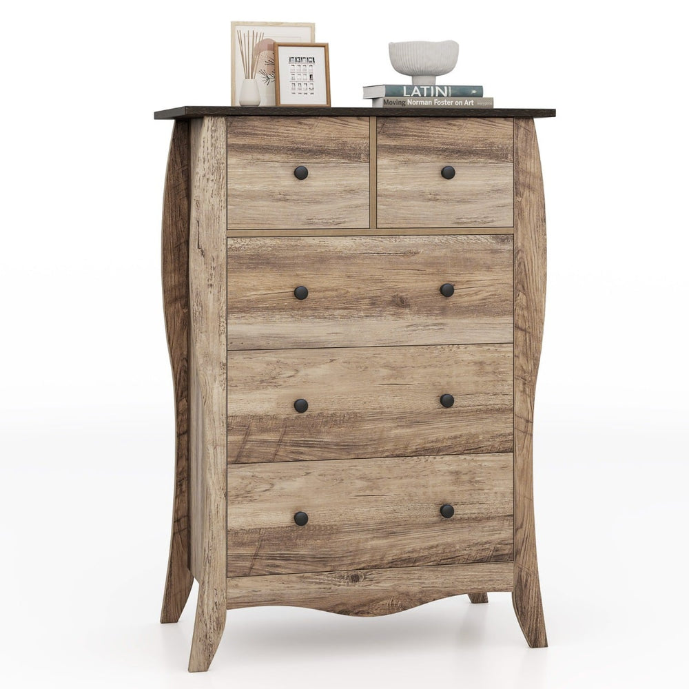 Farmhouse Chest of Drawers with 5 Folding Fabric Drawers and Anti-tipping Kit-Brown