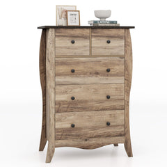 Farmhouse Chest of Drawers with 5 Folding Fabric Drawers and Anti-tipping Kit-Brown
