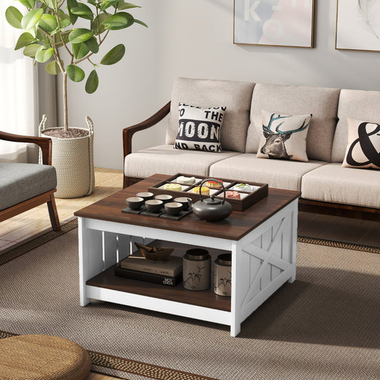 Farmhouse Coffee Table with Storage Shelf and Open Compartment-White