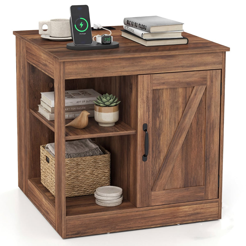 Farmhouse Nightstand with Charging Station Bedside Table with Adjustable Shelf-Rustic Brown