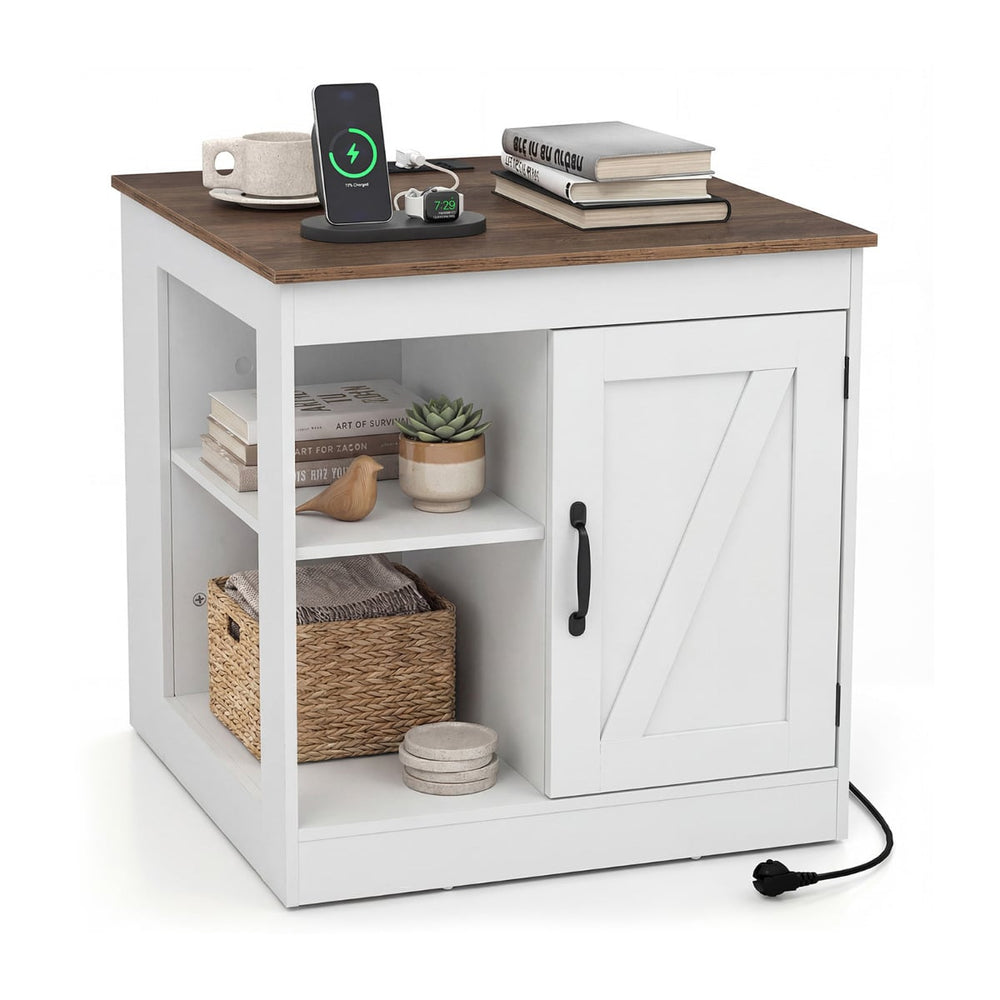 Farmhouse Nightstand with Charging Station Bedside Table with Adjustable Shelf-White