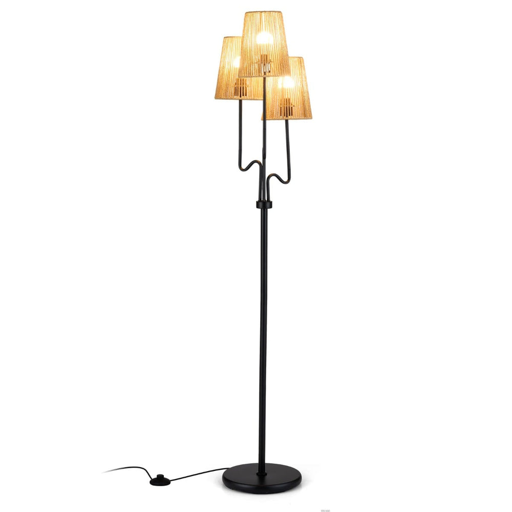 Farmhouse Standing Tree Lamp with 3 Boho Paper Woven Lampshades-Black