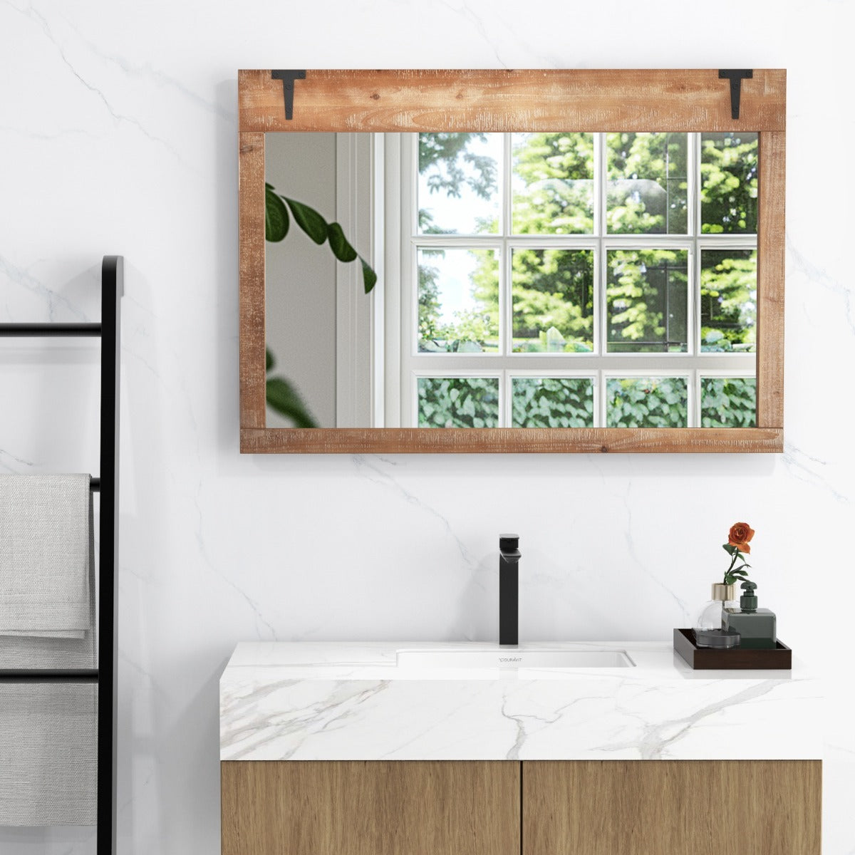 Farmhouse Wall Mirror with Wood Frame for Bathroom Living Room Bedroom-Natural