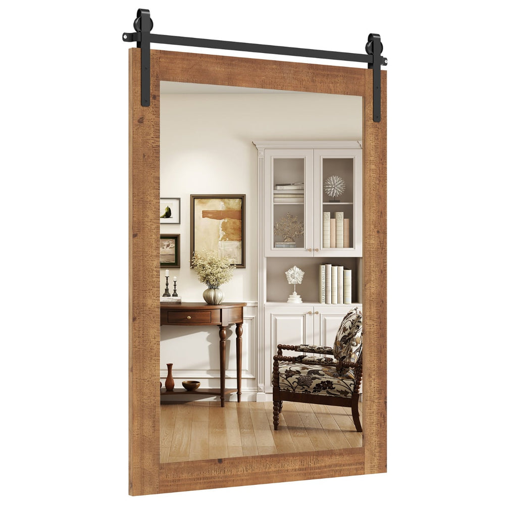 Farmhouse Rustic Bathroom Wall Mirror with Wood Frame-Brown