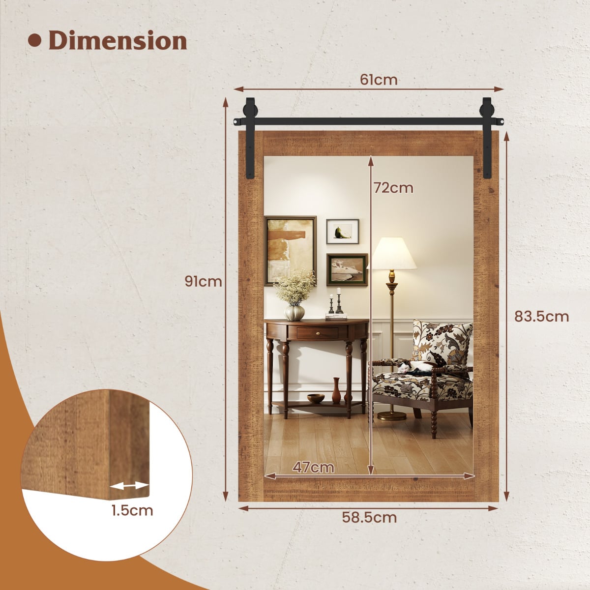 Farmhouse Rustic Bathroom Wall Mirror with Wood Frame-Brown