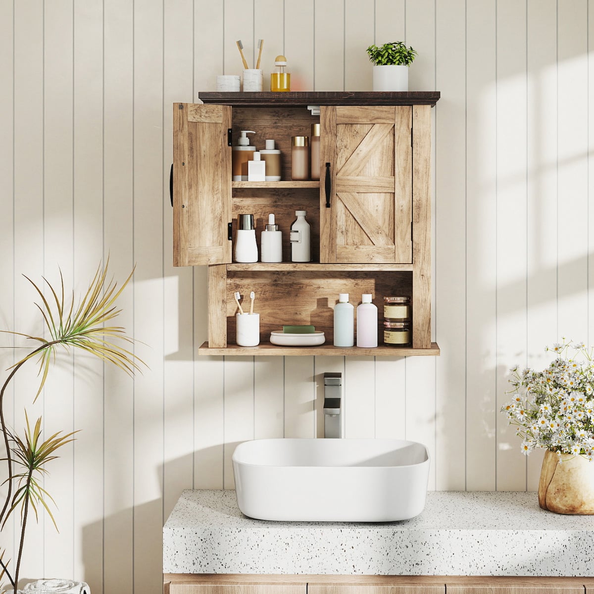Farmhouse Wall Mounted Bathroom Cabinet with Adjustable Shelf-Natural
