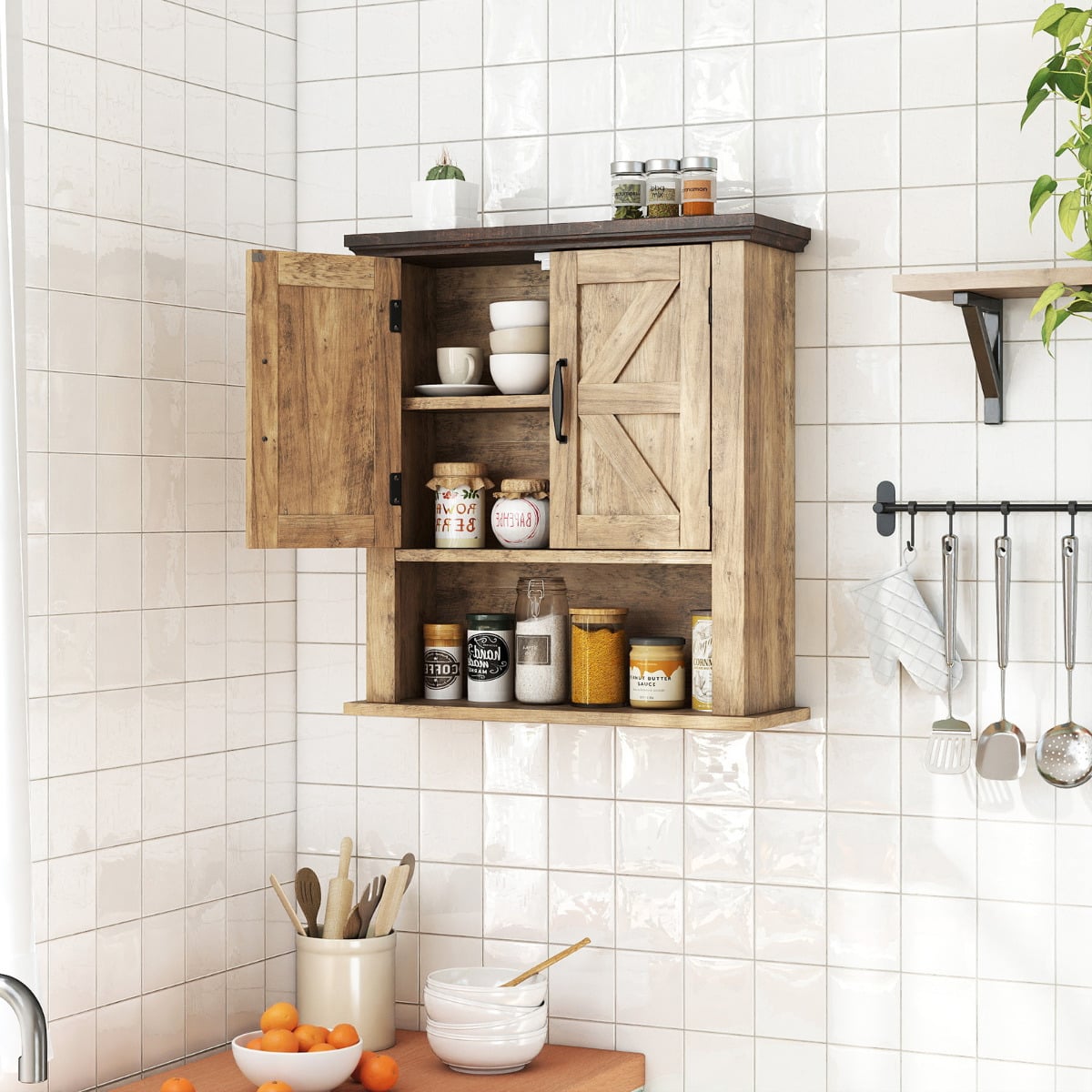 Farmhouse Wall Mounted Bathroom Cabinet with Adjustable Shelf-Natural