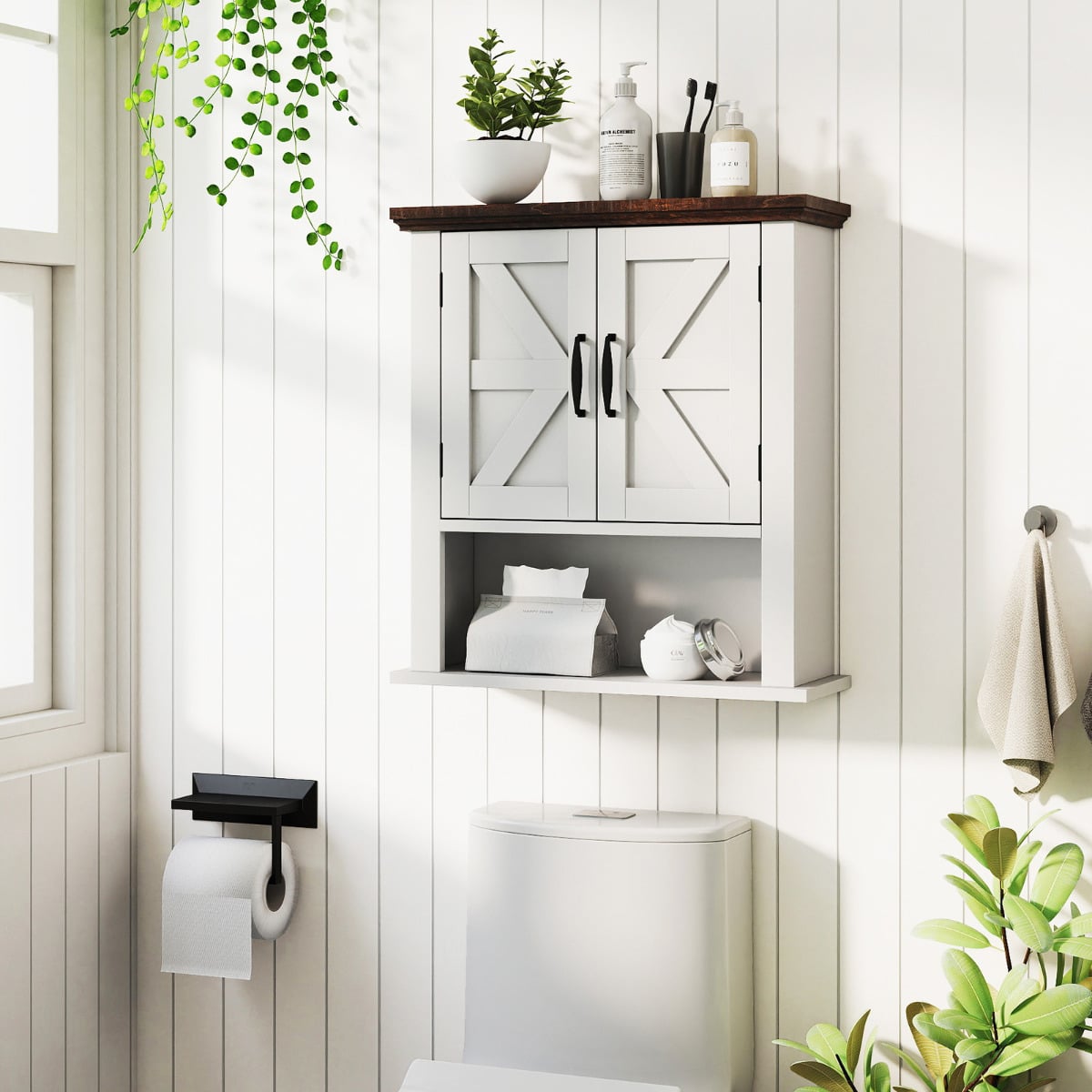 Farmhouse Wall Mounted Bathroom Cabinet with Adjustable Shelf-White