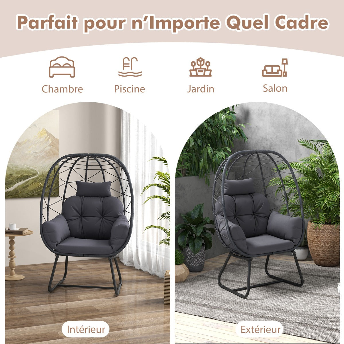 Indoor Outdoor Lounge Chair with Comfy Cushions and Sturdy Metal Frame-Grey