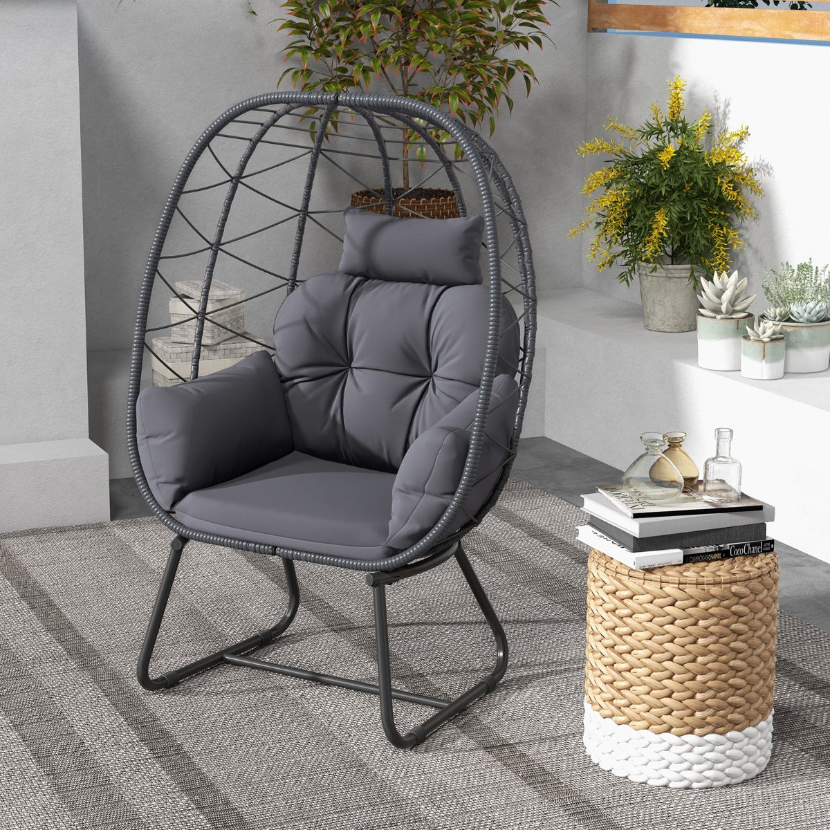 Indoor Outdoor Lounge Chair with Comfy Cushions and Sturdy Metal Frame-Grey