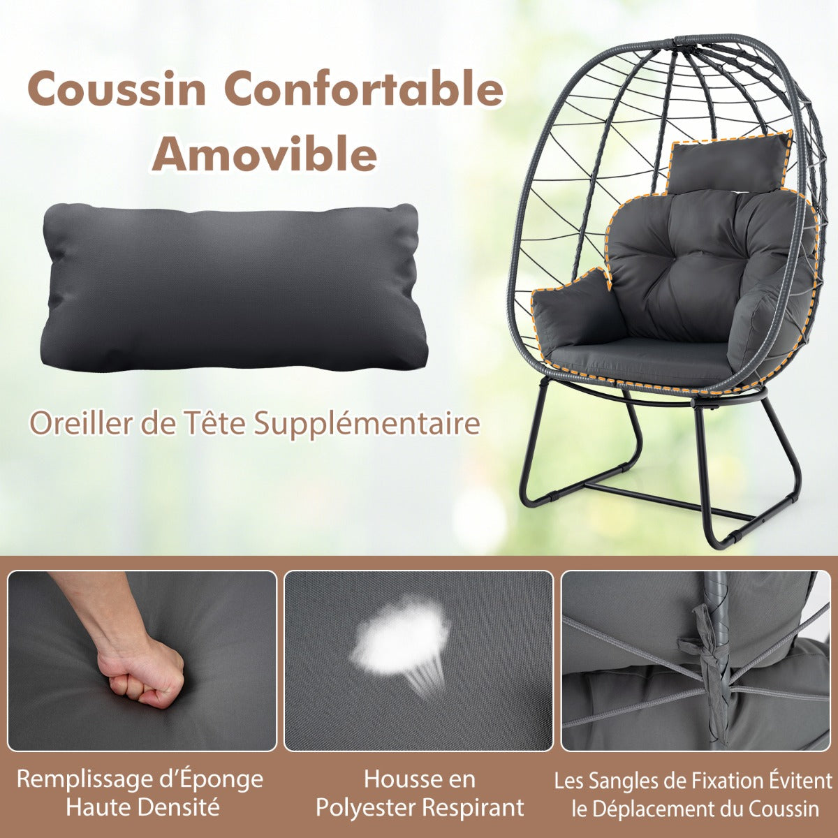 Indoor Outdoor Lounge Chair with Comfy Cushions and Sturdy Metal Frame-Grey