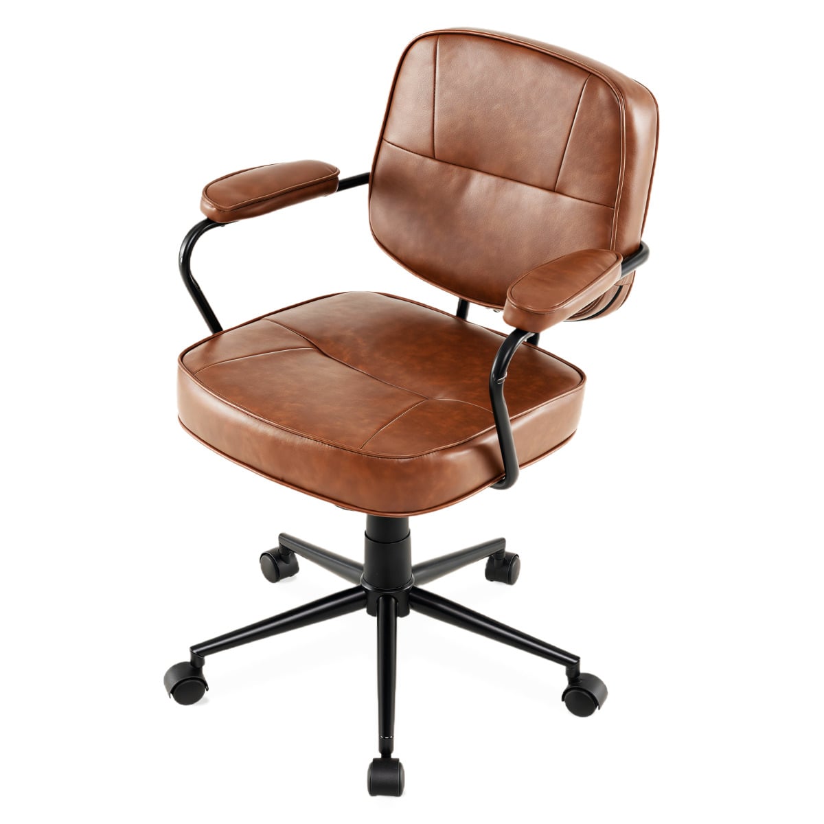Faux Leather Office Chair Mid Century Modern Upholstered Chair with Padded Armrests-Brown