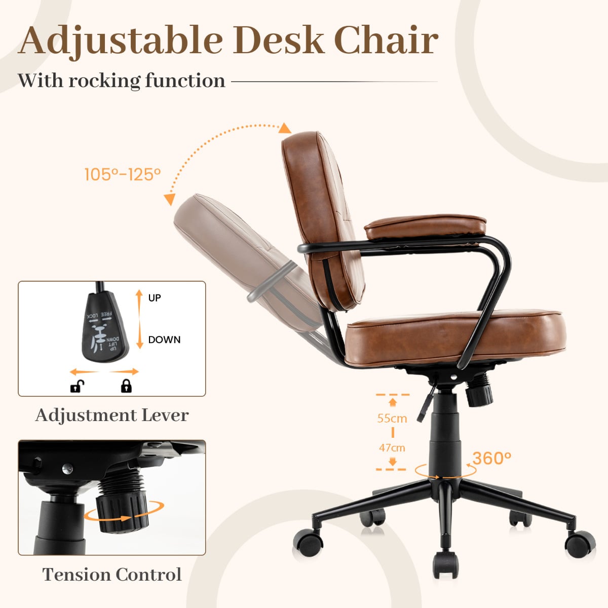 Faux Leather Office Chair Mid Century Modern Upholstered Chair with Padded Armrests-Brown