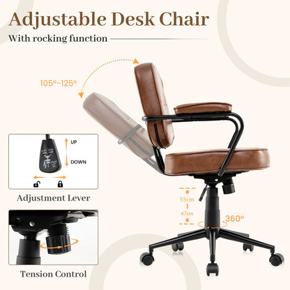Faux Leather Office Chair Mid Century Modern Upholstered Chair with Padded Armrests-Brown