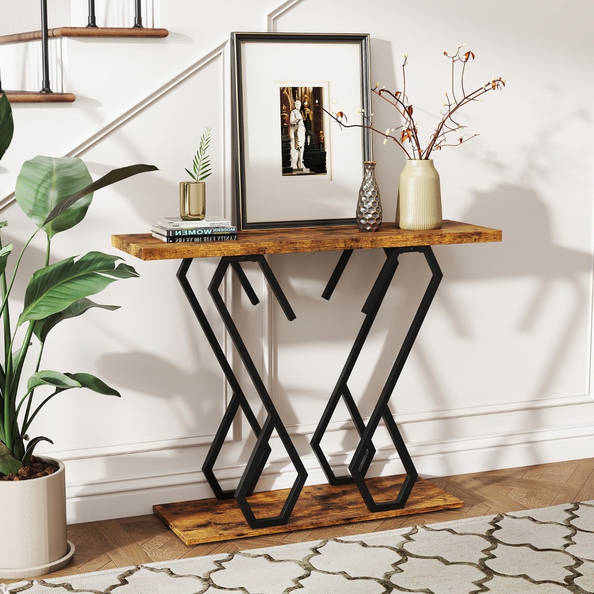 Faux Marble Console Table with Adjustable Foot Pads-Rustic Brown