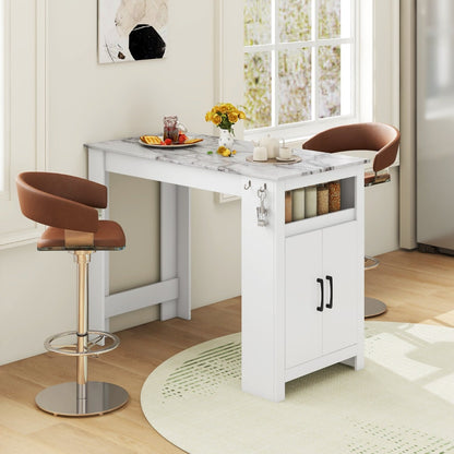 Faux Marble Pub Table with 7 Hanging Hooks and Compartment-White