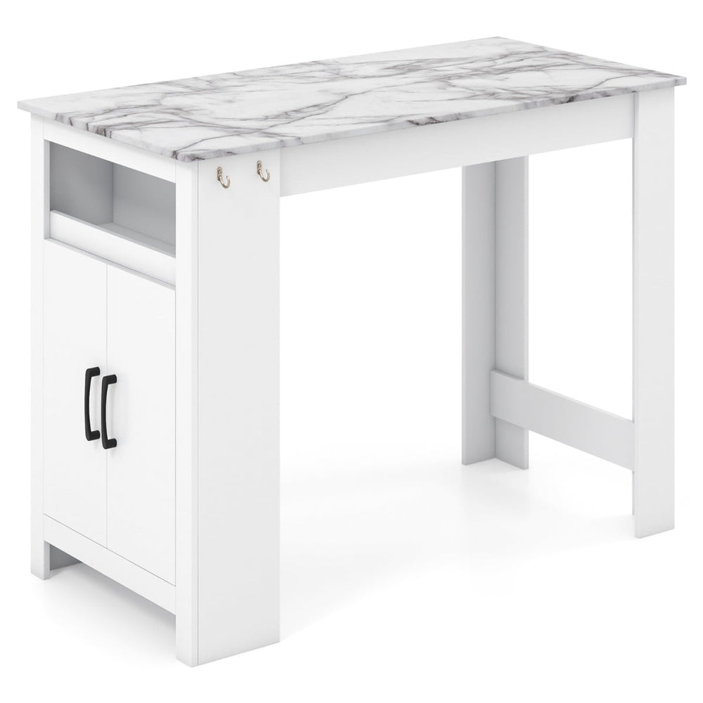 Faux Marble Pub Table with 7 Hanging Hooks and Compartment-White