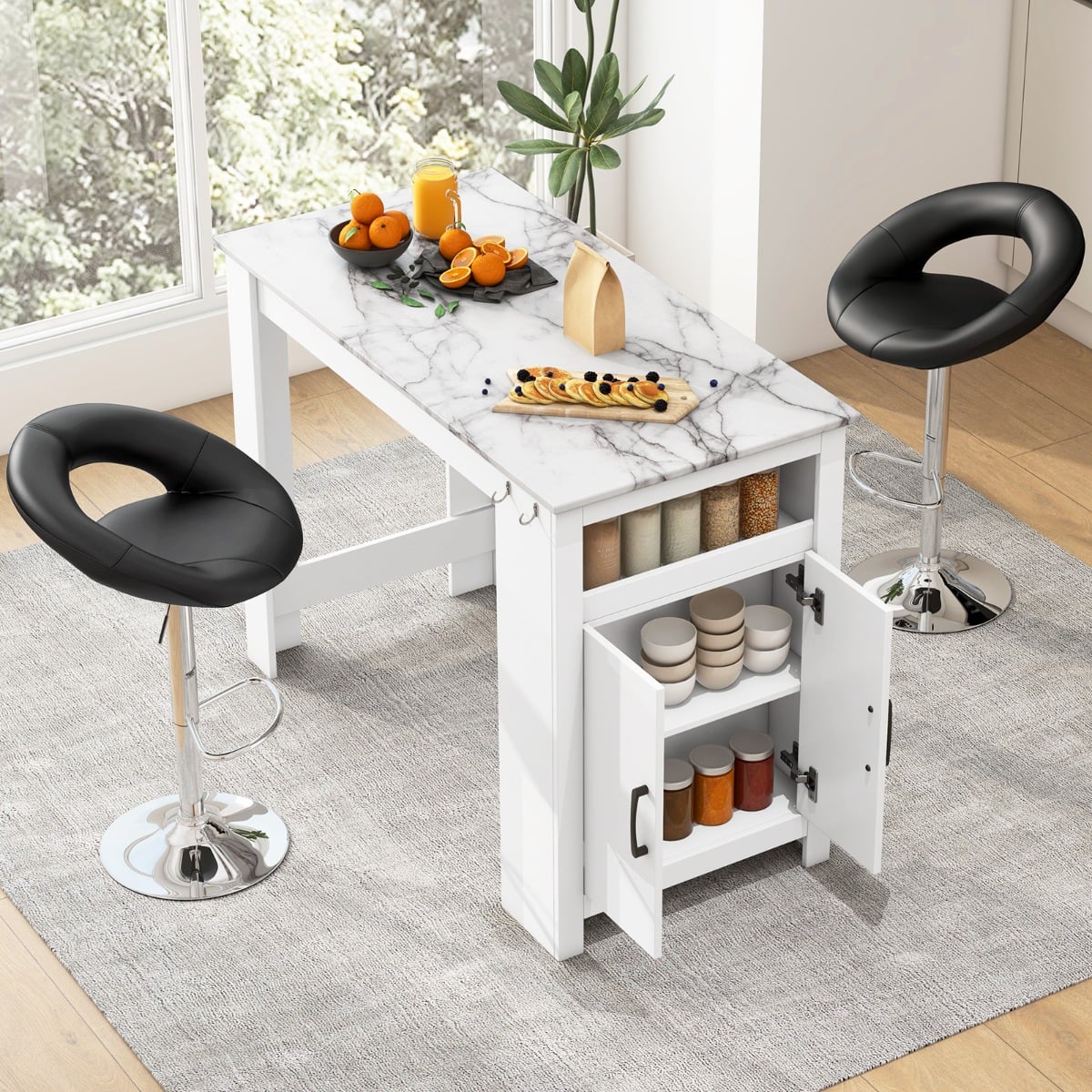 Faux Marble Pub Table with 7 Hanging Hooks and Compartment-White