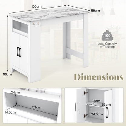 Faux Marble Pub Table with 7 Hanging Hooks and Compartment-White