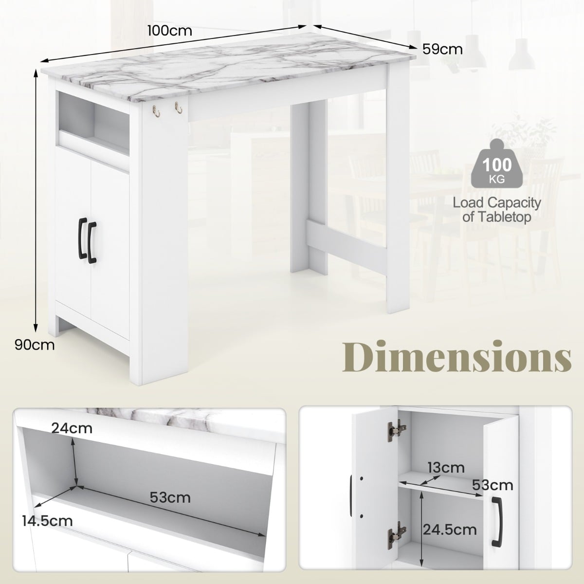 Faux Marble Pub Table with 7 Hanging Hooks and Compartment-White