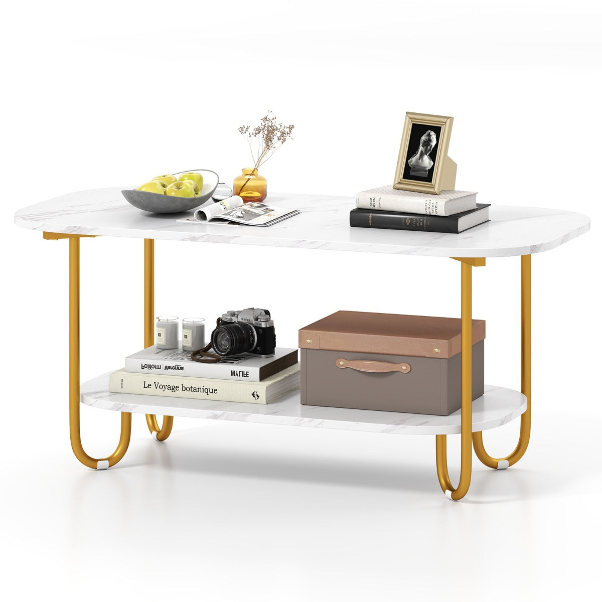 Faux Marble Top Coffee Table with Heavy-duty Metal Frame-White