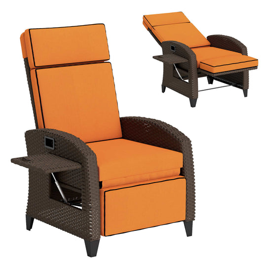 Outsunny Garden Recliner with Cushion, Outdoor Recliner Chair with Adjustable Backrest & Footrest, Side Tray, Orange