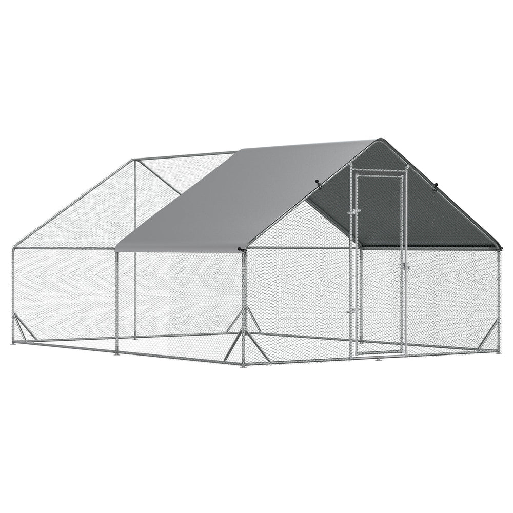 PawHut Chicken Walk-in Run, Galvanised Chicken Coop, Hen Poultry House Cage, Rabbit Hutch Pet Playpen Garden w/ Water-Resist Cover, 3 x 4 x 2m