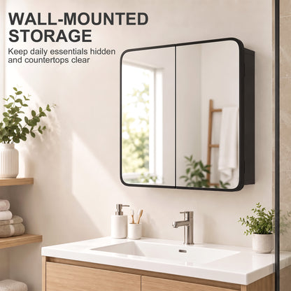 HOMCOM Bathroom Medicine Mirror Cabinet, Bathroom Wall Cabinet with Storage, Magnetic Doors and Adjustable Shelf, Black