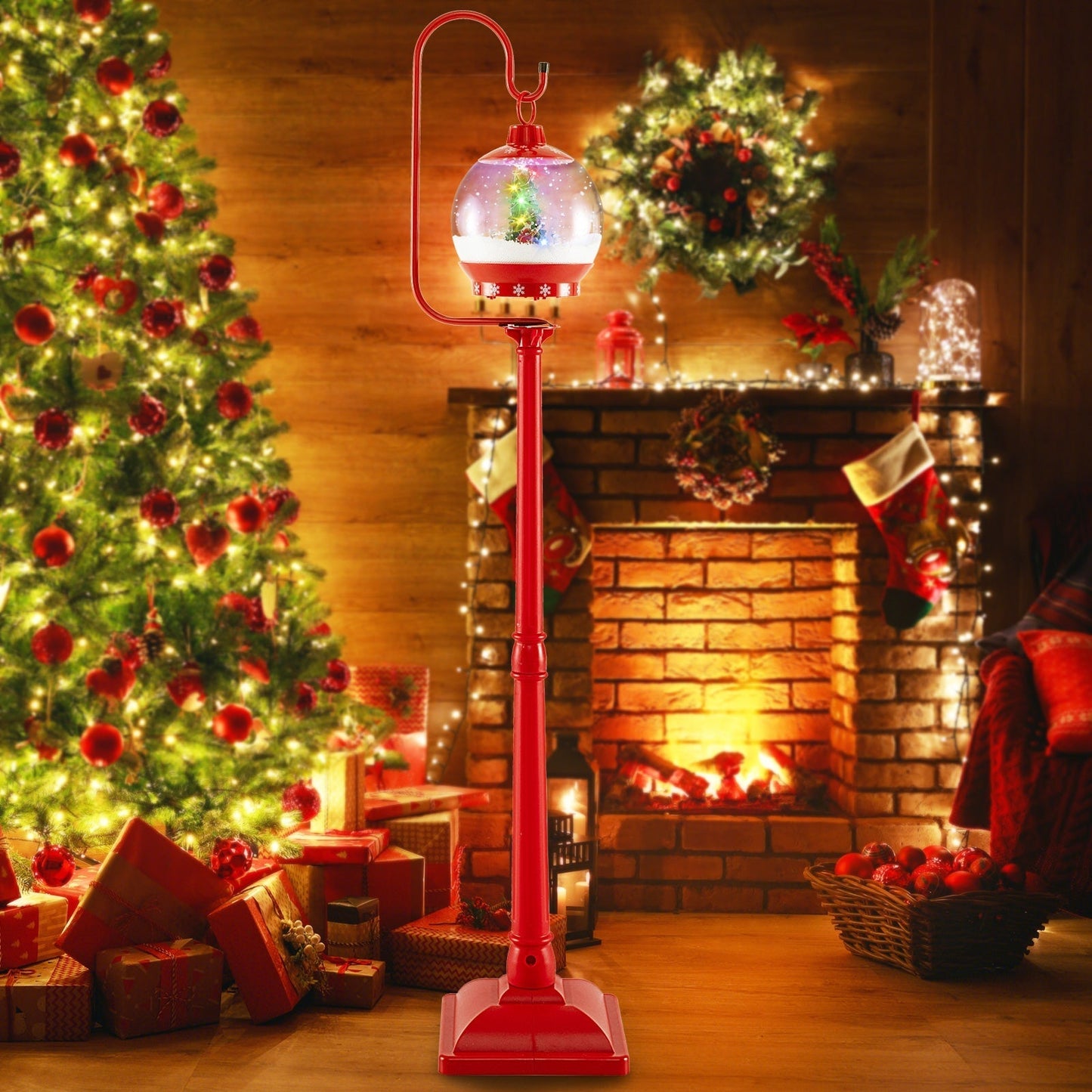 68 Inch Christmas Lamp Post with Sound-Activated Snow Globe Lantern-Red