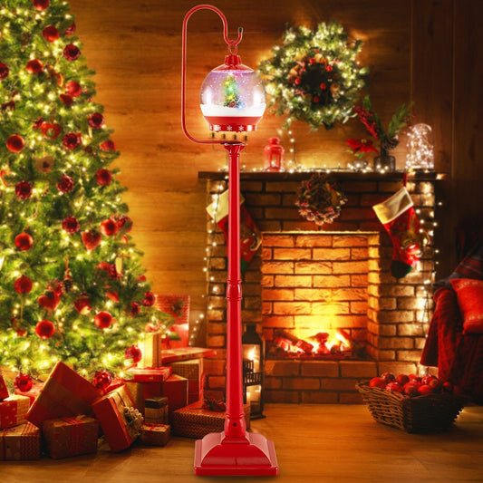 68 Inch Christmas Lamp Post with Sound-Activated Snow Globe Lantern-Red
