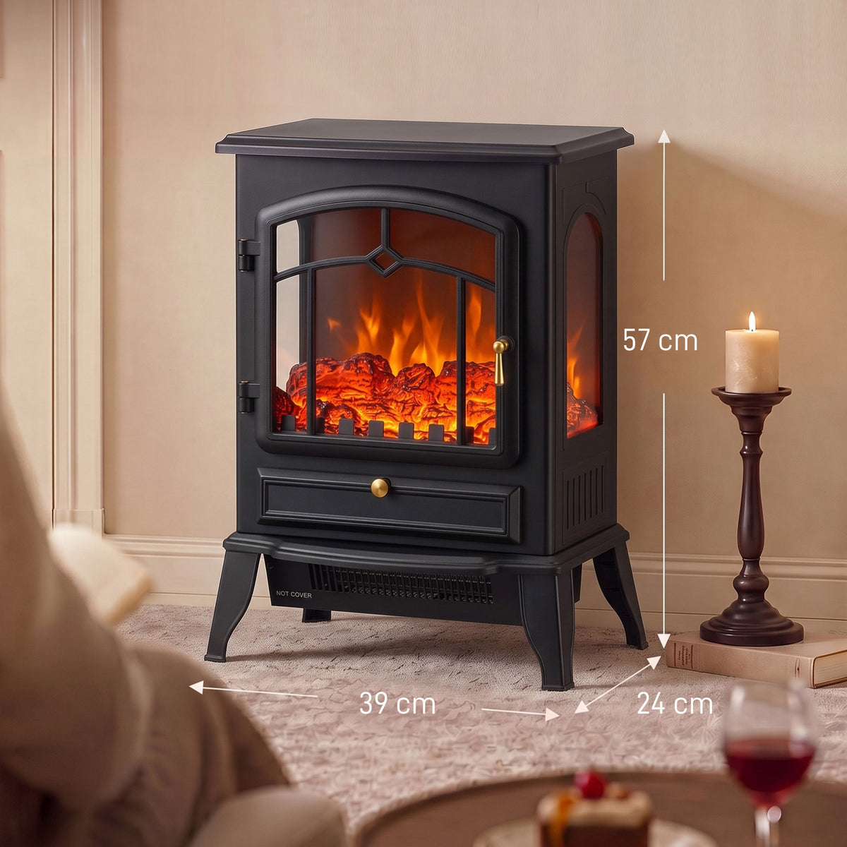HOMCOM Electric Fireplace Stove, 1000/2000W 3-Sided Freestanding Fireplace Heater with 3D Flame Log, Thermostat, Black