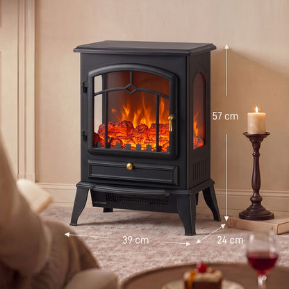 HOMCOM Electric Fireplace Stove, 1000/2000W 3-Sided Freestanding Fireplace Heater with 3D Flame Log, Thermostat, Black