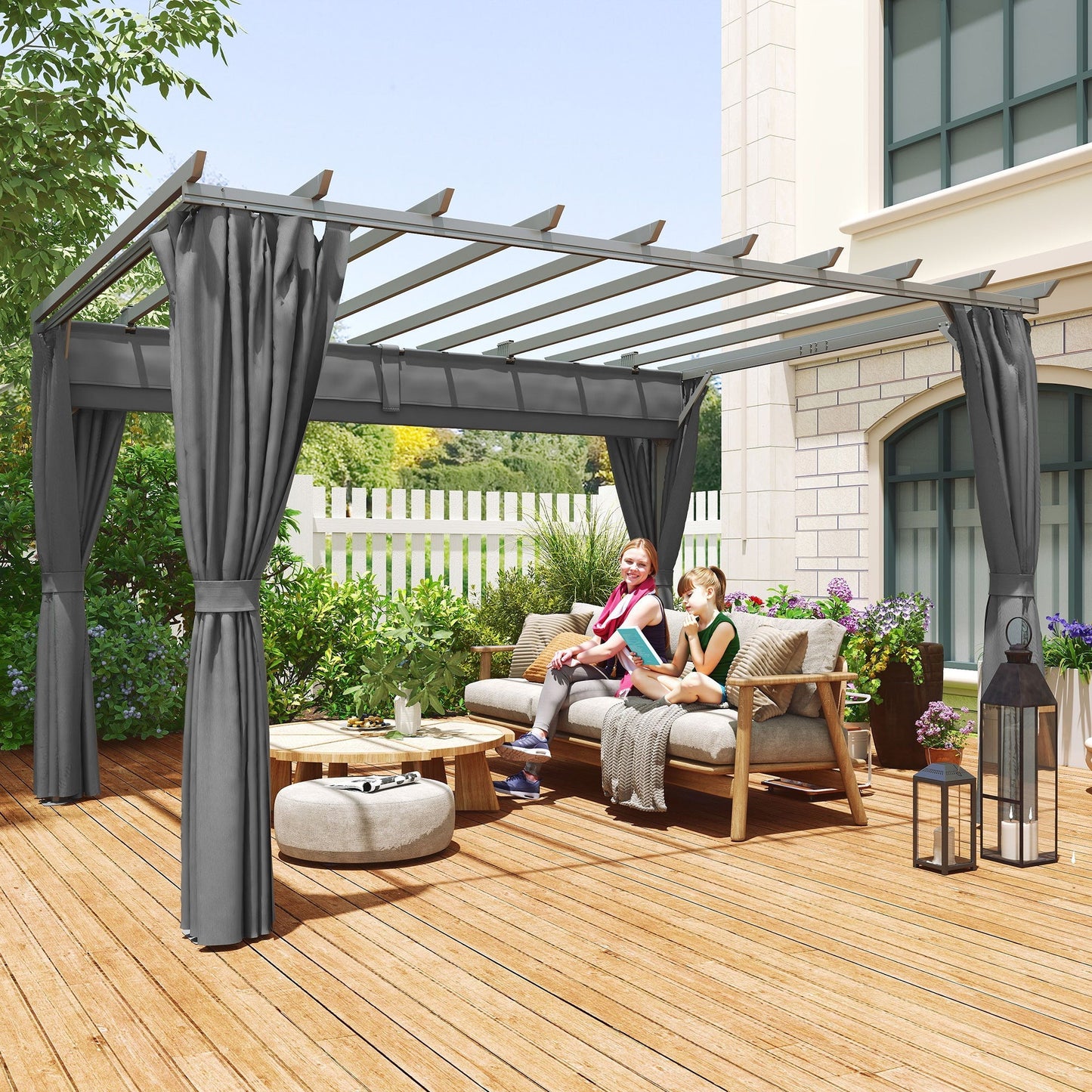 Outsunny 3.6 x 3(m) Outdoor Pergola with Retractable Roof and Curtains, Garden Gazebo Canopy Sun Shade Shelter with Aluminum Frame, Dark Grey
